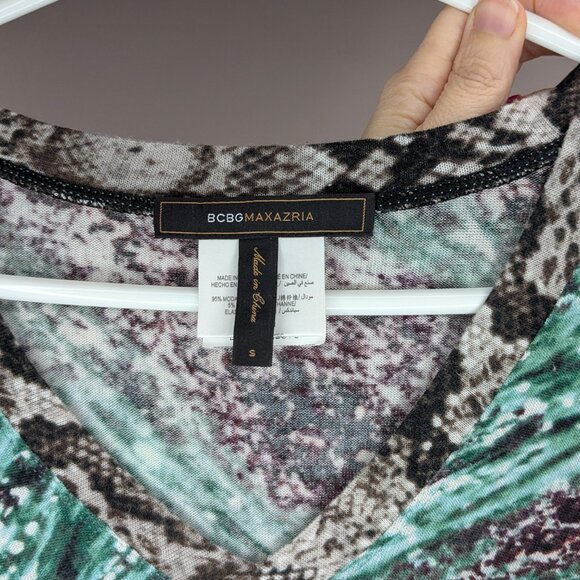 BCBG Max Azria Snakeskin Tie Dye V-Neck Long Sleeve Top Brown Teal Size Small - Picture 3 of 3